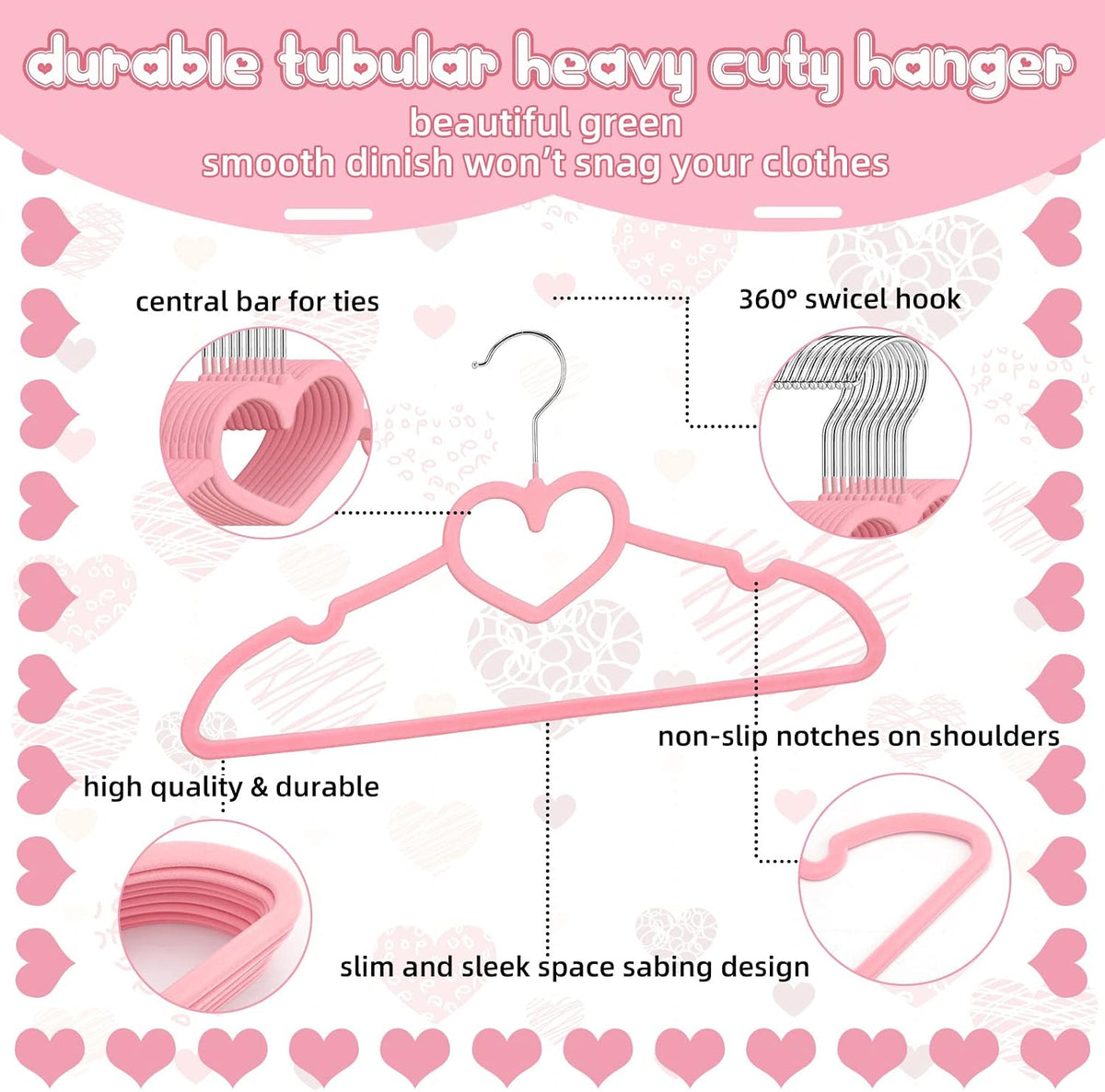 Qunclay 50 Pcs Pink Velvet Heart Hangers with 360° Swivel Hooks