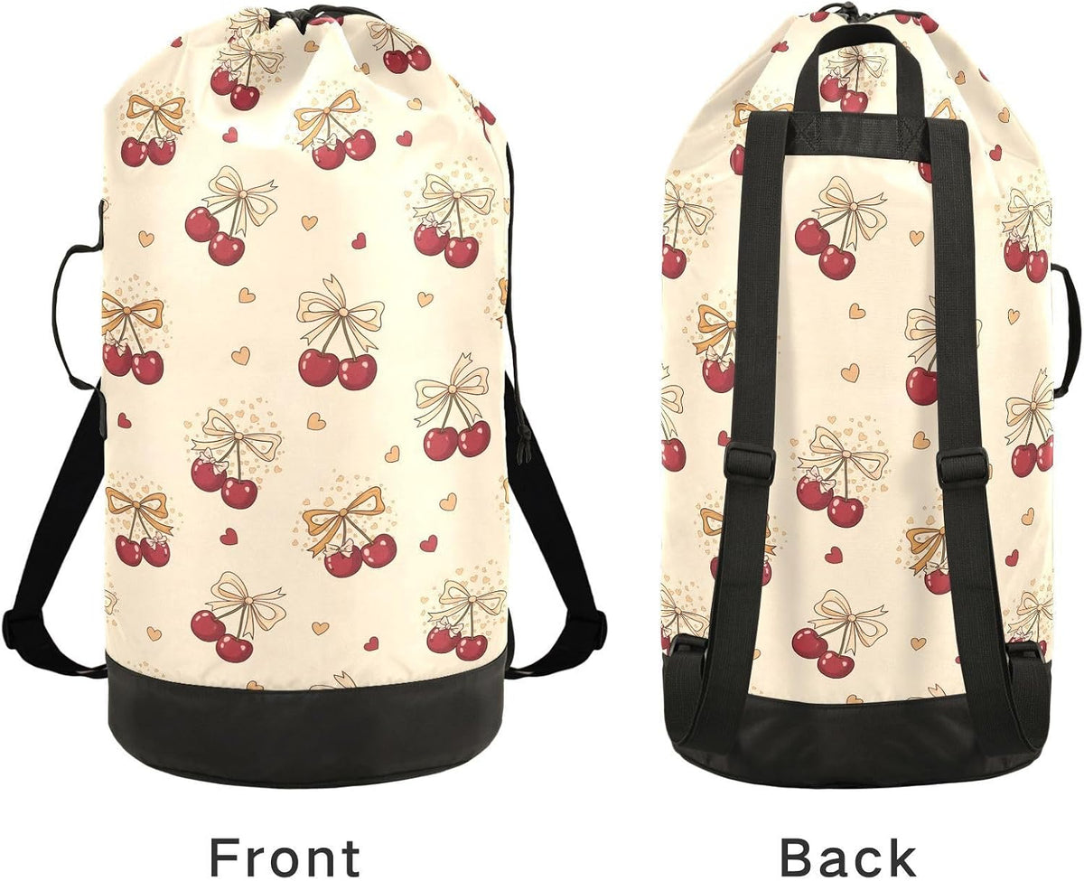 Bow Cherry Beige Laundry Bag Backpack Dirty Clothes Bags Organizer With Extra Large Heavy Duty for Vacation Road Trip Essentials Dorm