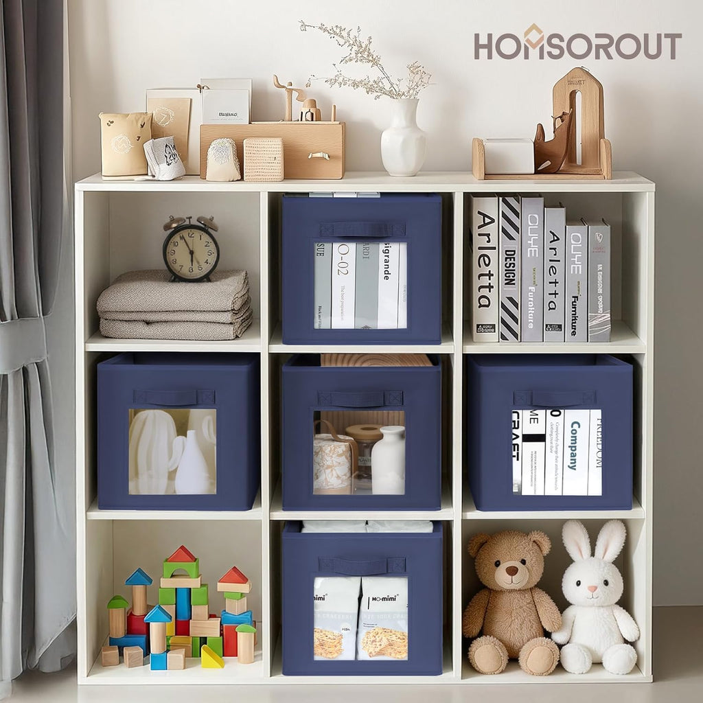 Homsorout Storage Cube 11 Inch - Cube Storage Bins with Window, Closet Storage Baskets with Handle, Fabric Bins for Closet, Shelves, Toys, Clothes, Set of 16, Navy Blue