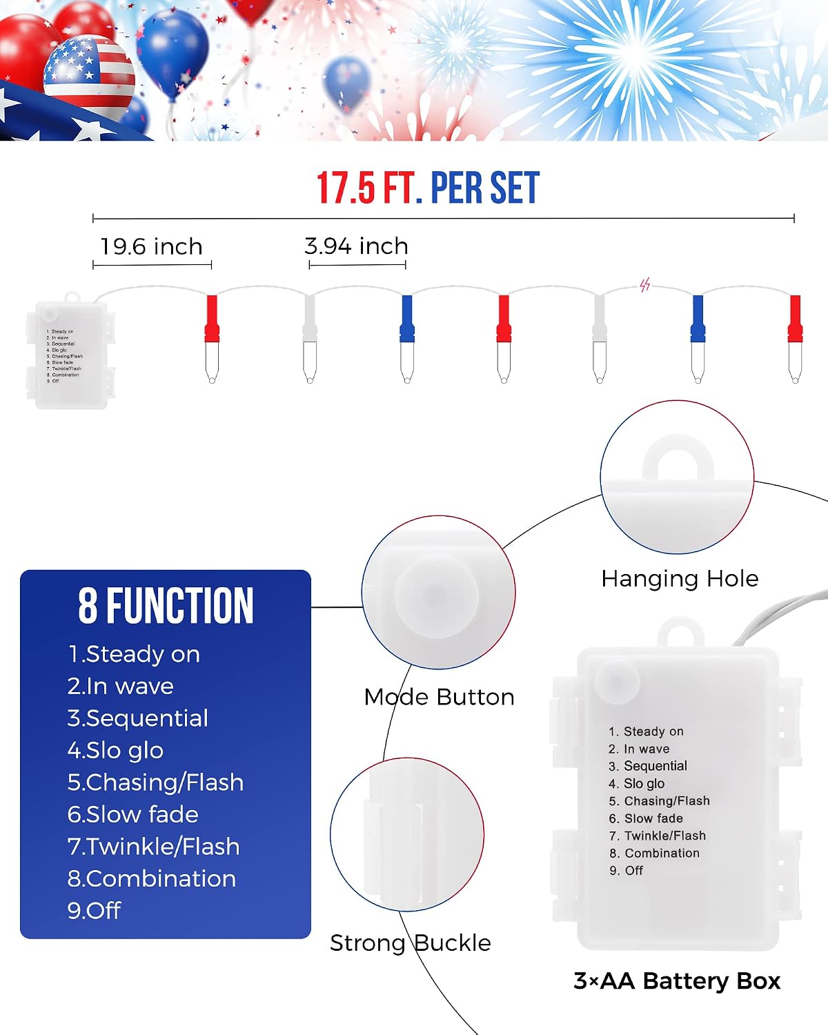 Red White Blue Battery Operated Mini String Lights 2 Pack 18 Feet 50 LED