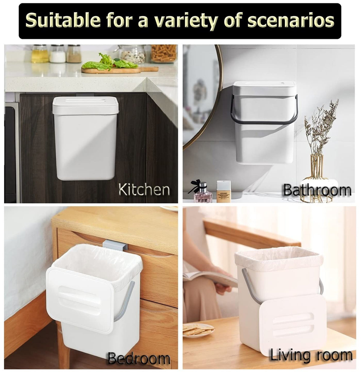 Small Trash Can with Lid Mini Kitchen Hanging Trash Can Tightly Sealed Odor Free, Small Countertop Compost Bin for Scraps from Daily Cooking, Mountable Trash Bin for Kitchen Counter, 5L/1.3 White