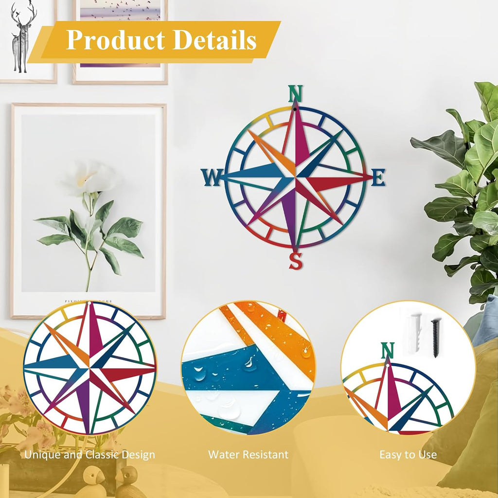 ESTART 11In Colorful Nautical Compass Metal Beach Theme Wall Hanging Decor