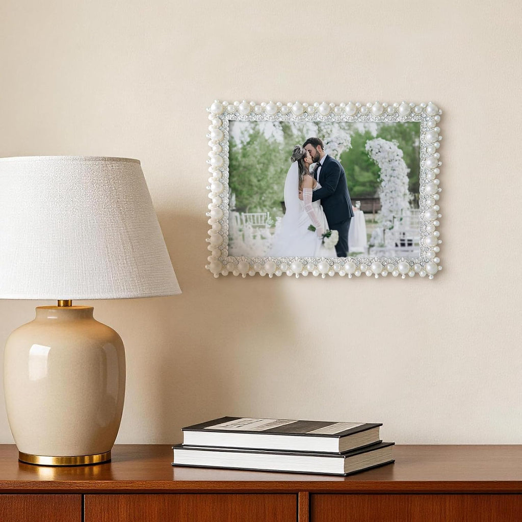 DIKAR 6x8 Wedding Picture Frame, Pearl and Diamond Ornate, Gold Edge