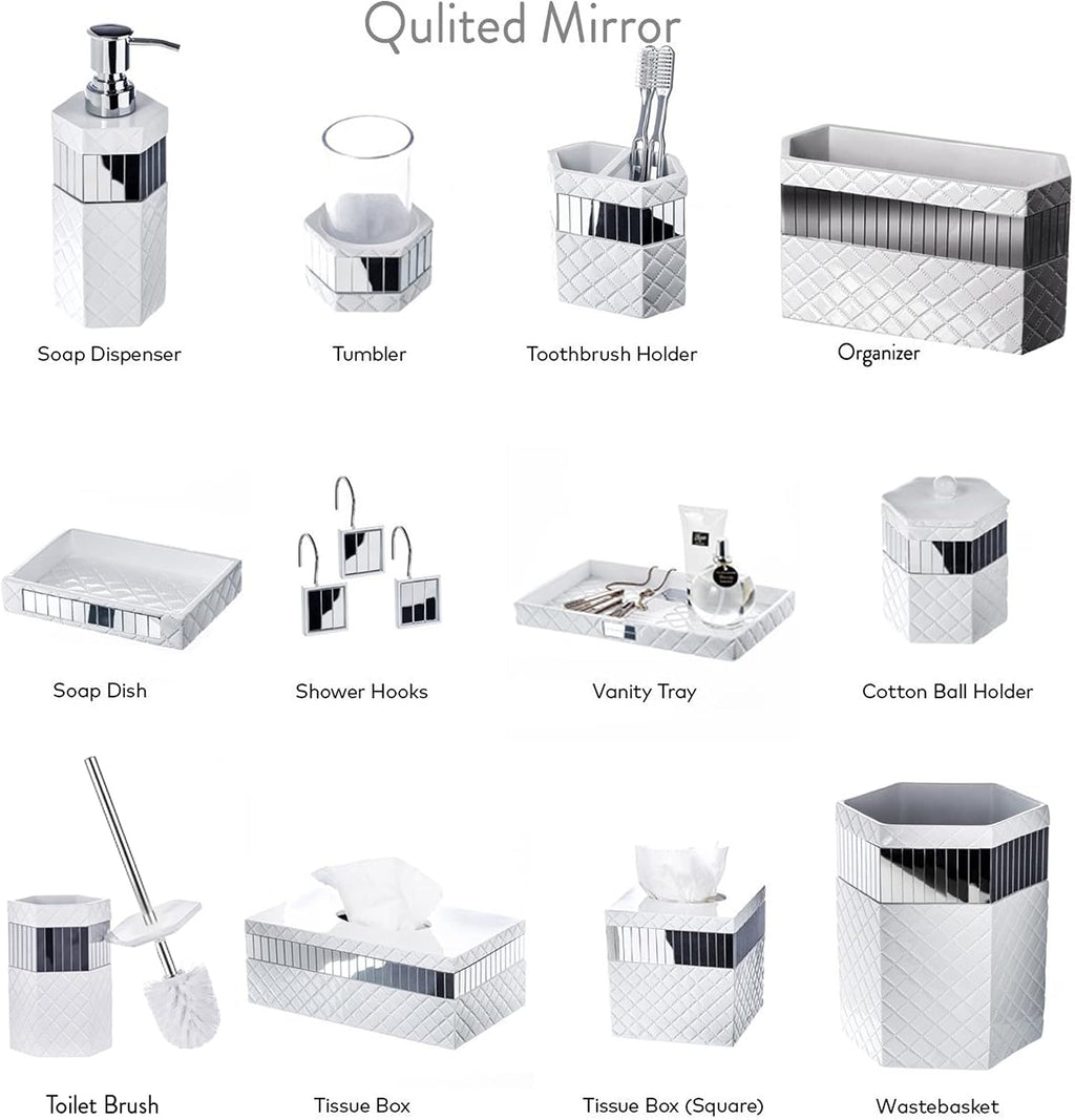 Creative Scents Quilted Mirror Bathroom Toilet Brush Set - White Toilet Bowl Brush and Holder - Good Grip Toilet Bowl Cleaner Brush and Holder - Decorative Compact Toilet Bowl Scrubber
