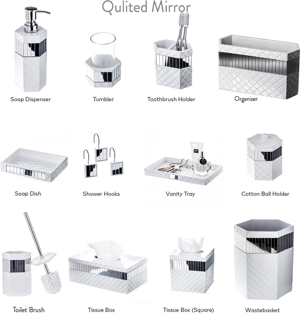 Creative Scents Quilted Mirror Bathroom Toilet Brush Set - White Toilet Bowl Brush and Holder - Good Grip Toilet Bowl Cleaner Brush and Holder - Decorative Compact Toilet Bowl Scrubber