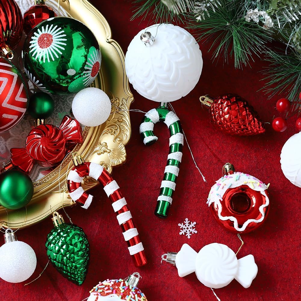 Christmas Tree Ornaments, 56PCS Red White Green Christmas Ornaments Shatterproof Multi Colored Plastic Hanging Balls for Xmas Decoration Holiday Party