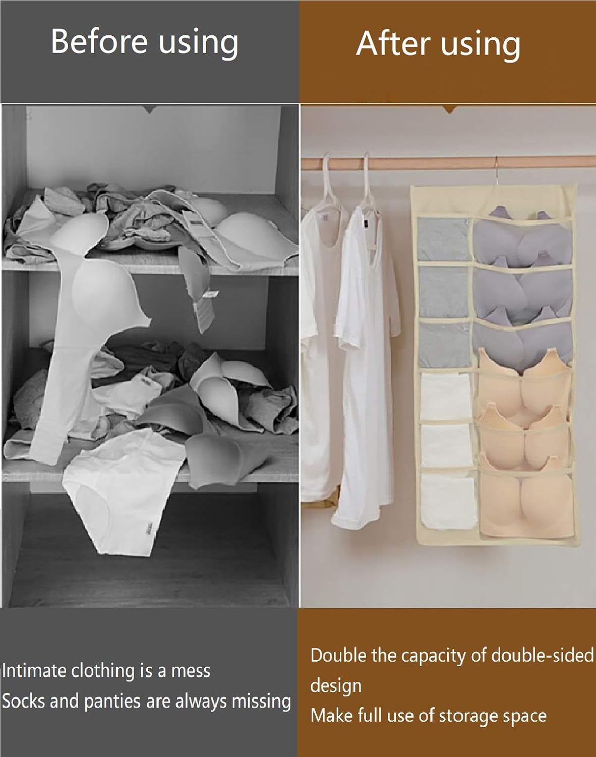 Closet Hanging Organizer with Mesh Pockets & Rotating Metal Hanger,Dual Sided Wall Shelf Wardrobe Storage Bags,Oxford Cloth Space Saver Bag for Bra Underwear Underpants Socks (white)