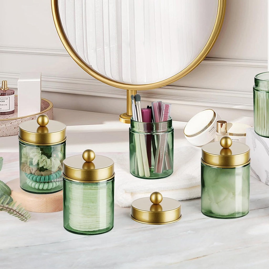 Amolliar Green Glass Apothecary Jar, Qtip Holder Bathroom Decor, Jar, Gold
