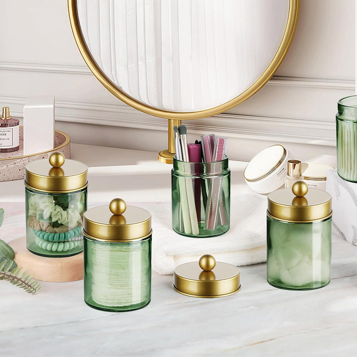 Amolliar Green Glass Apothecary Jar, Qtip Holder Bathroom Decor, Jar, Gold