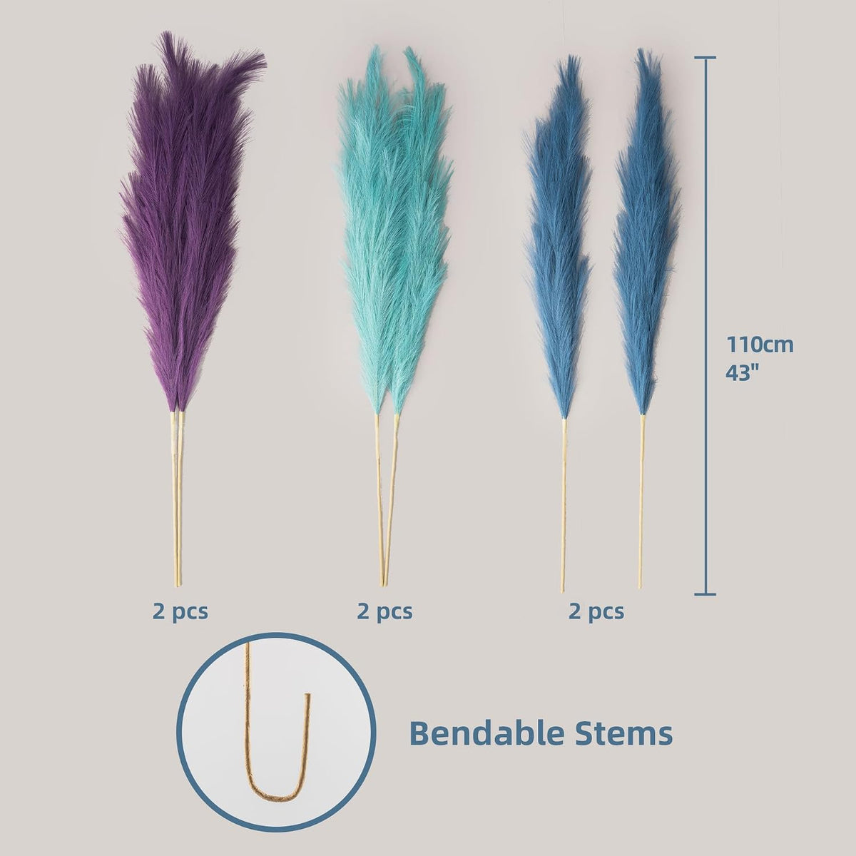 Pampas Grass Decor Tall, 43"/110cm Faux Pampas Grass 6 Stems Large Pompass Grass Branches Tall Bulk Boho Flower Arrangement for Home Room Wedding Party Decor