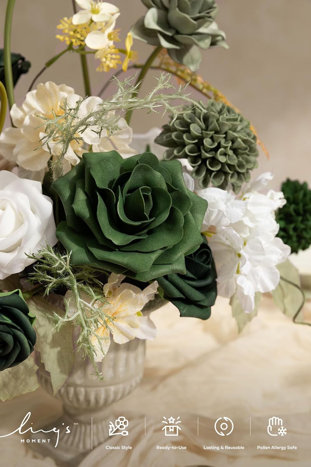 Ling's moment Artificial Wedding Flowers Combo, Emerald & Beige, Grand