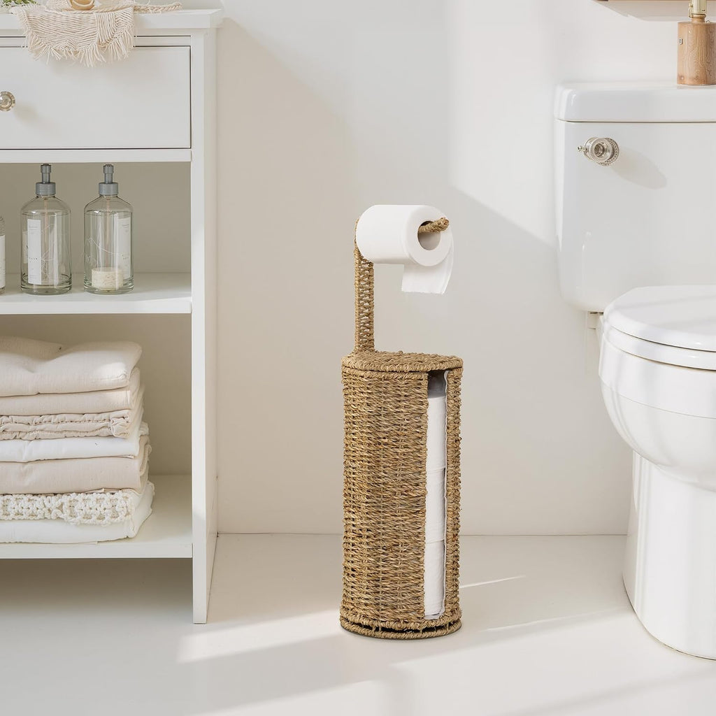 StorageWorks Wicker Freestanding Toilet Paper Holder Stand with Storage