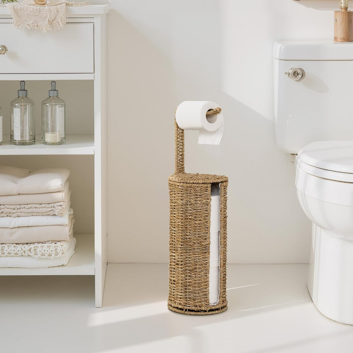StorageWorks Wicker Freestanding Toilet Paper Holder Stand with Storage