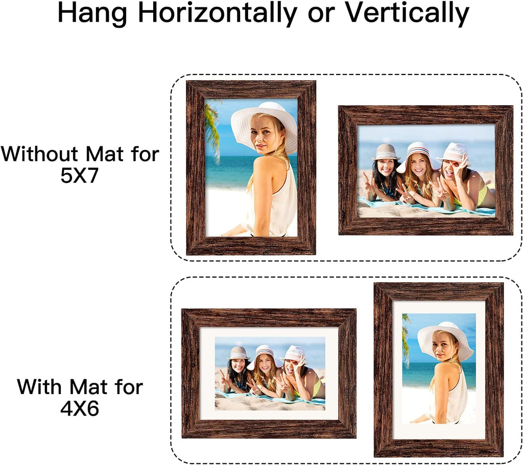 BAIJIALI 5x7 Picture Frame Rustic Brown Wood Pattern Set of 4 with Tempered Glass,Display Photos 4x6 with Mat or 5x7 Without Mat, Horizontal and Vertical Formats for Wall and Table Mounting