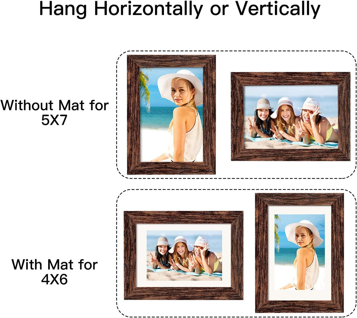 BAIJIALI 5x7 Picture Frame Rustic Brown Wood Pattern Set of 4 with Tempered Glass,Display Photos 4x6 with Mat or 5x7 Without Mat, Horizontal and Vertical Formats for Wall and Table Mounting