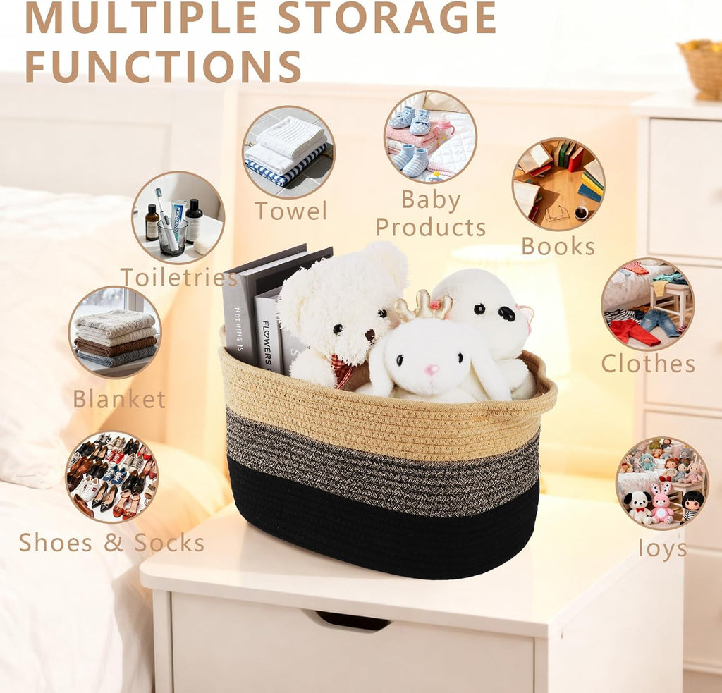 Cotton Rope Braid Storage Basket for Baby Carrier Toy Storage Bag Gift Basket for Kids Laundry Basket Baby Blanket Storage Measures 15x10x10 inches. (Brown Brown)