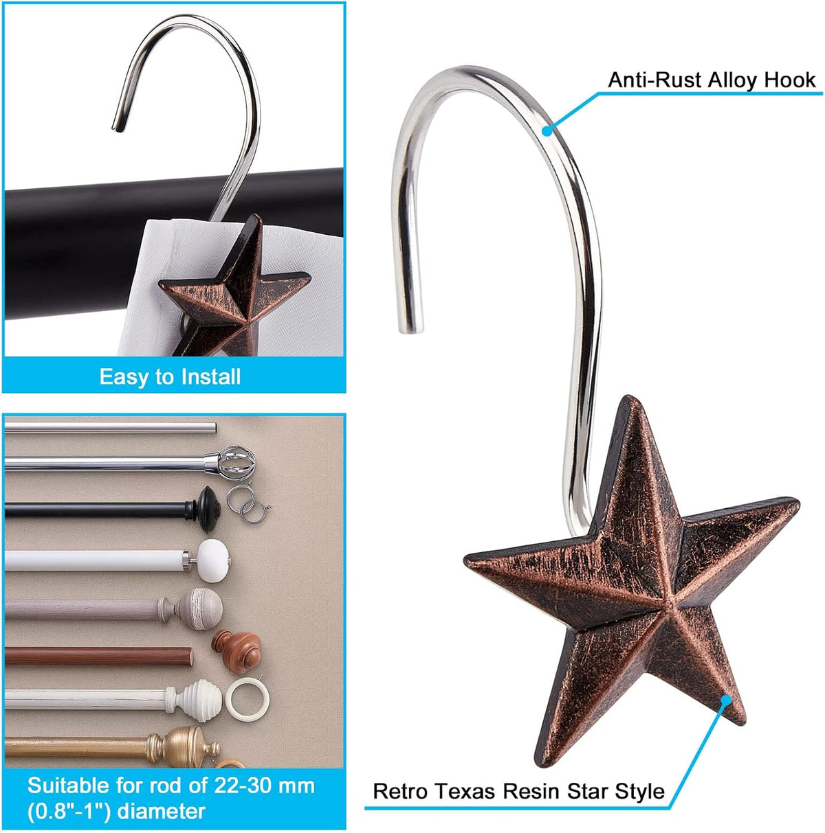 AGPtek Star Shower Curtain Hooks, 12PCS