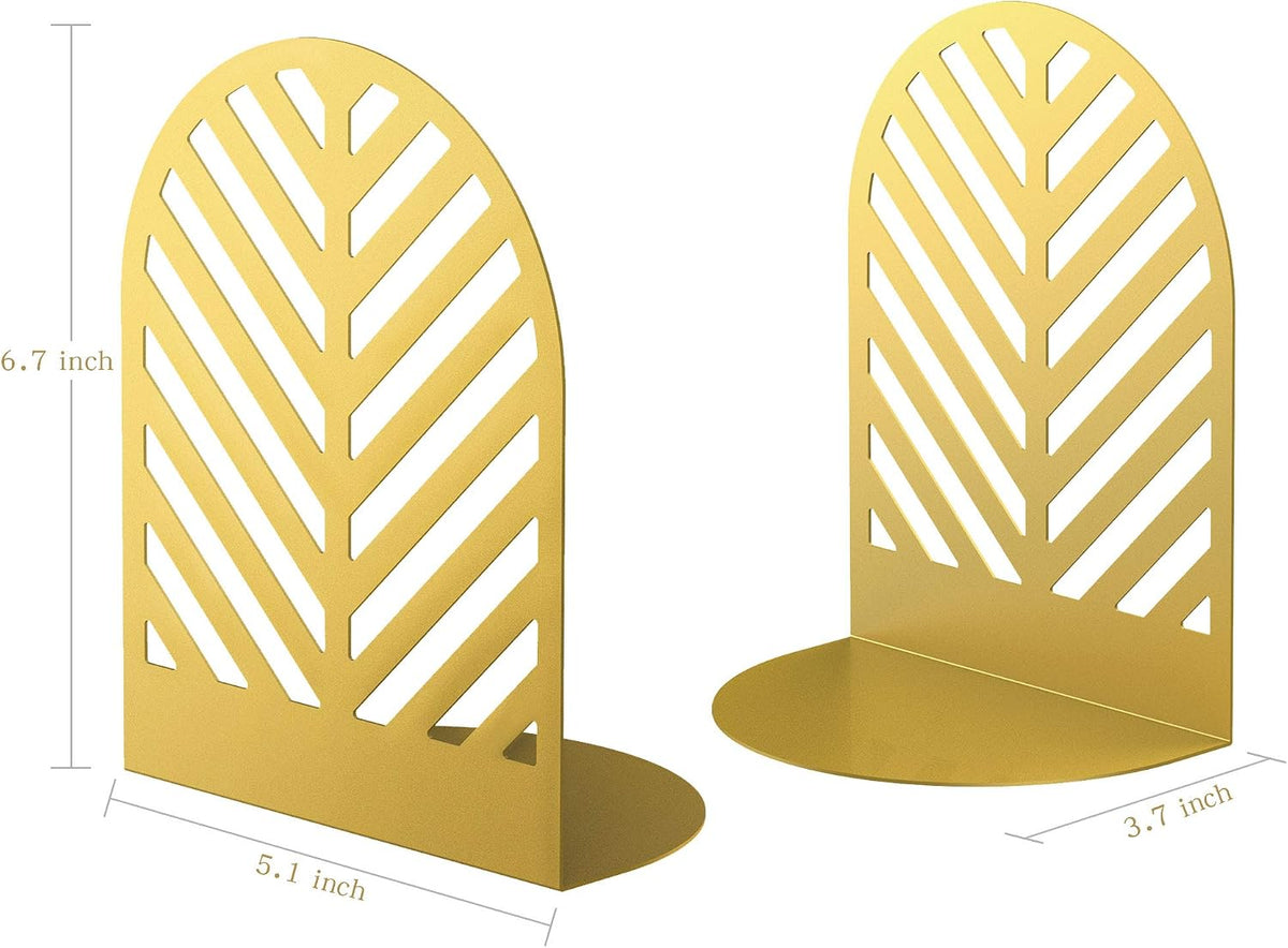 QiMing Leaf Gold Bookends for Books,1 Pair Metal Book Holders for Office Shelves Adults Gift(Gold)