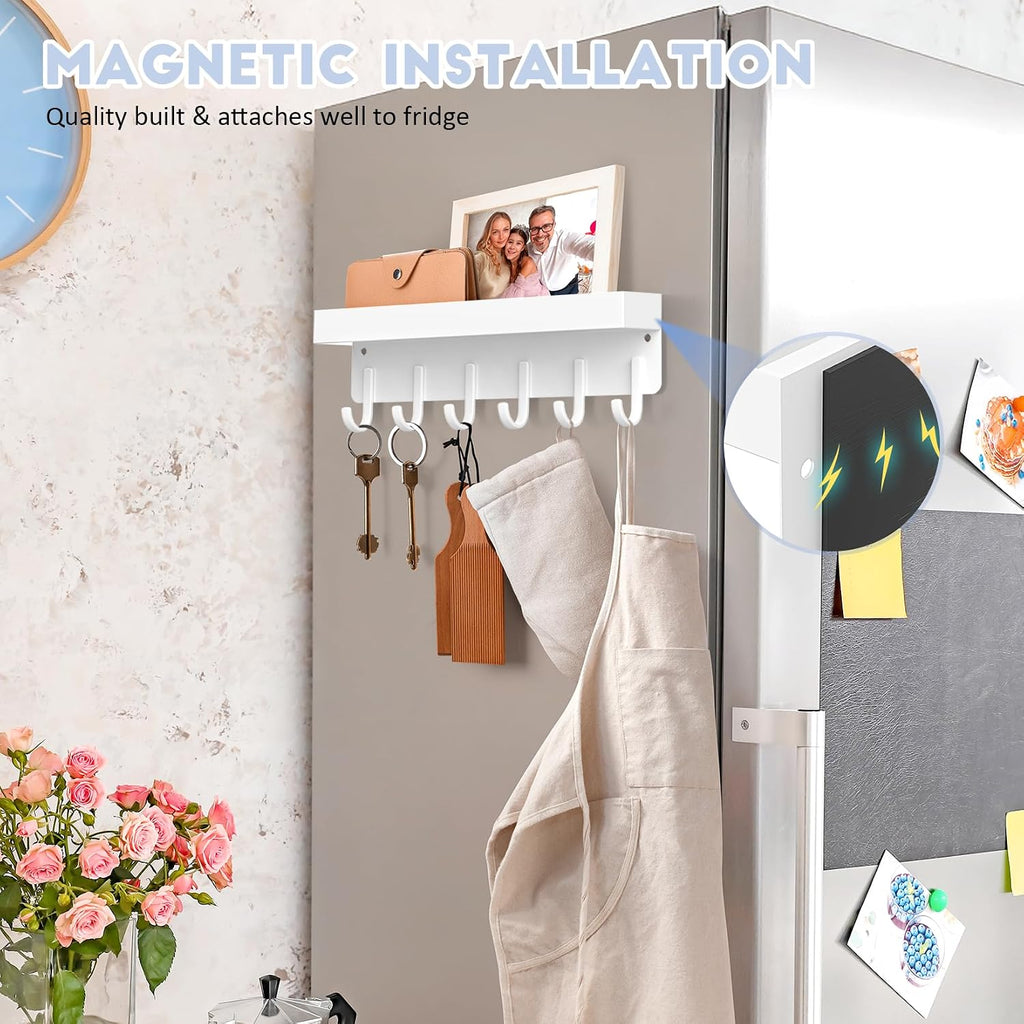 Magnetic Key Holder, Wall Mount Key Rack with Shelf, 9.65 in, White