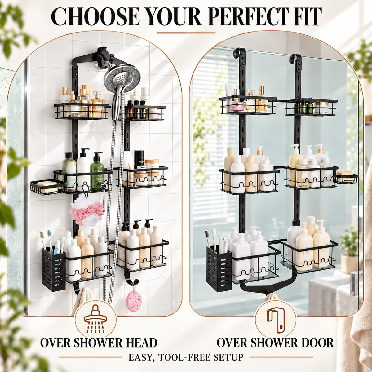 Extra Large Shower Caddy Hanging, Rust-Resistant Shower Organizer Hanging, 3 Tier Height-Adjustable Over the Head Caddy, Rack with Soap Basket (Black)