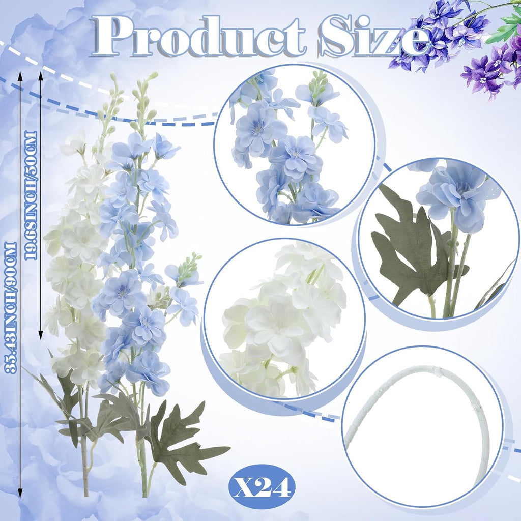 Thiccywoov 24 Pcs Blue, White Delphinium Artificial Flower Bulk, 34.25"