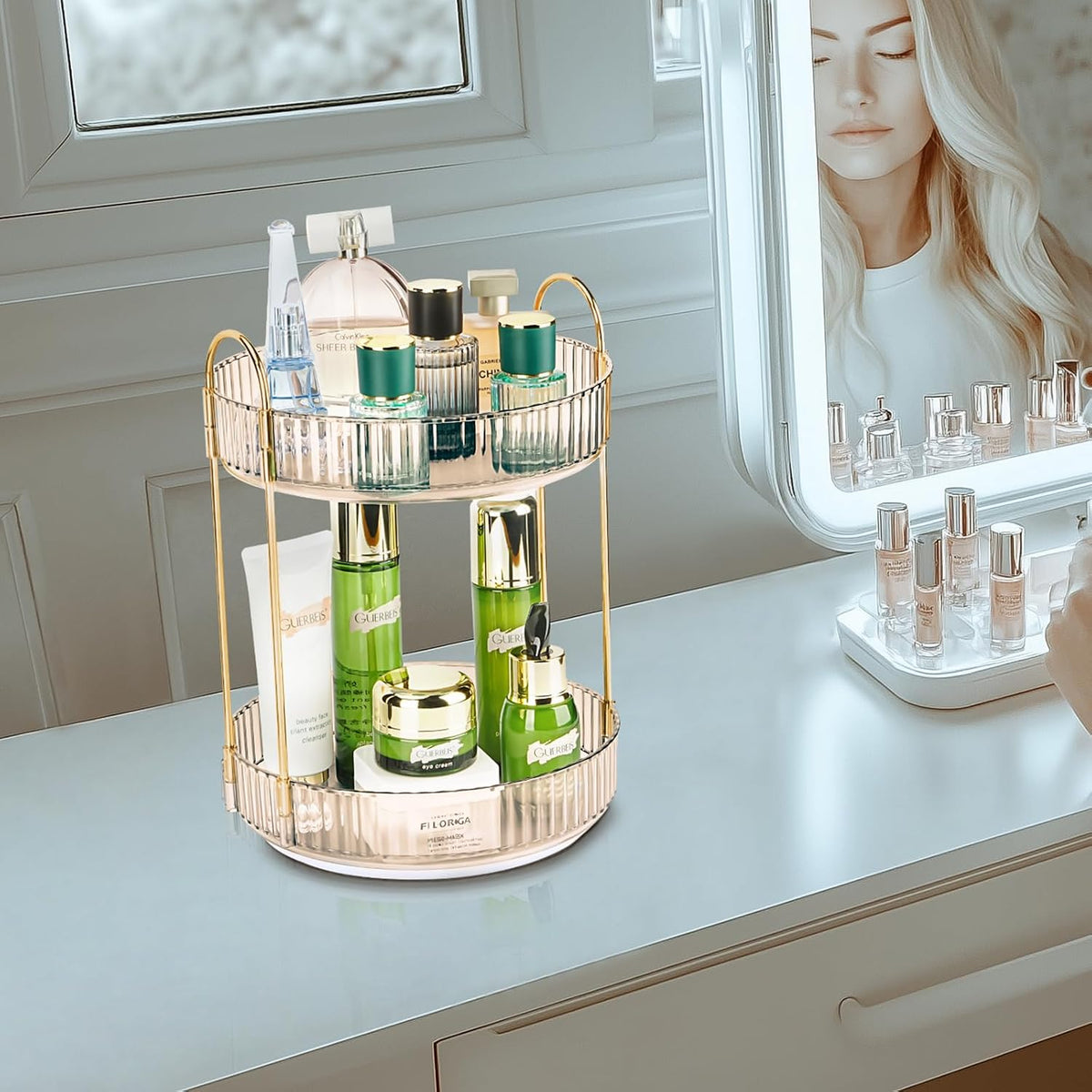 360 Rotating Makeup Organizer - Large Capacity Spinning Perfume & Cosmetic Skincare Holder for Vanity & Countertop (Vibrant Orange, 2 Tier)