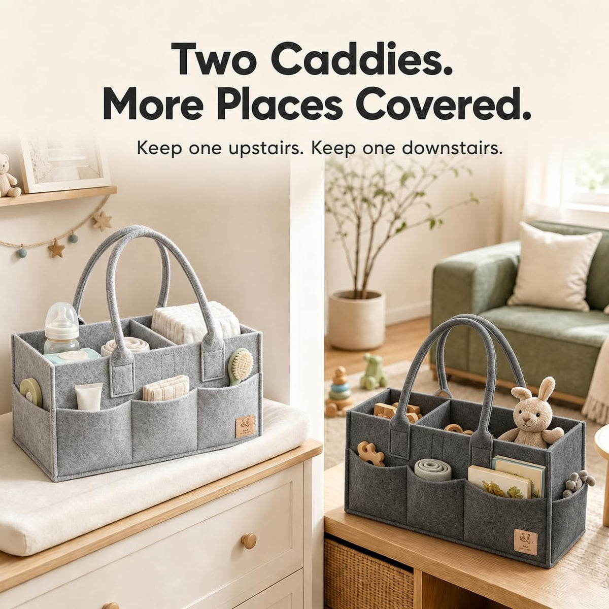 HIPHOP PANDA 2-Pack Diaper Caddy Organizer - Nursery Storage Bin & Car Organizer for Diapers, Wipes, and Baby Essentials - Dual-Color Solid Set (Dark Grey/Grey), Large Size