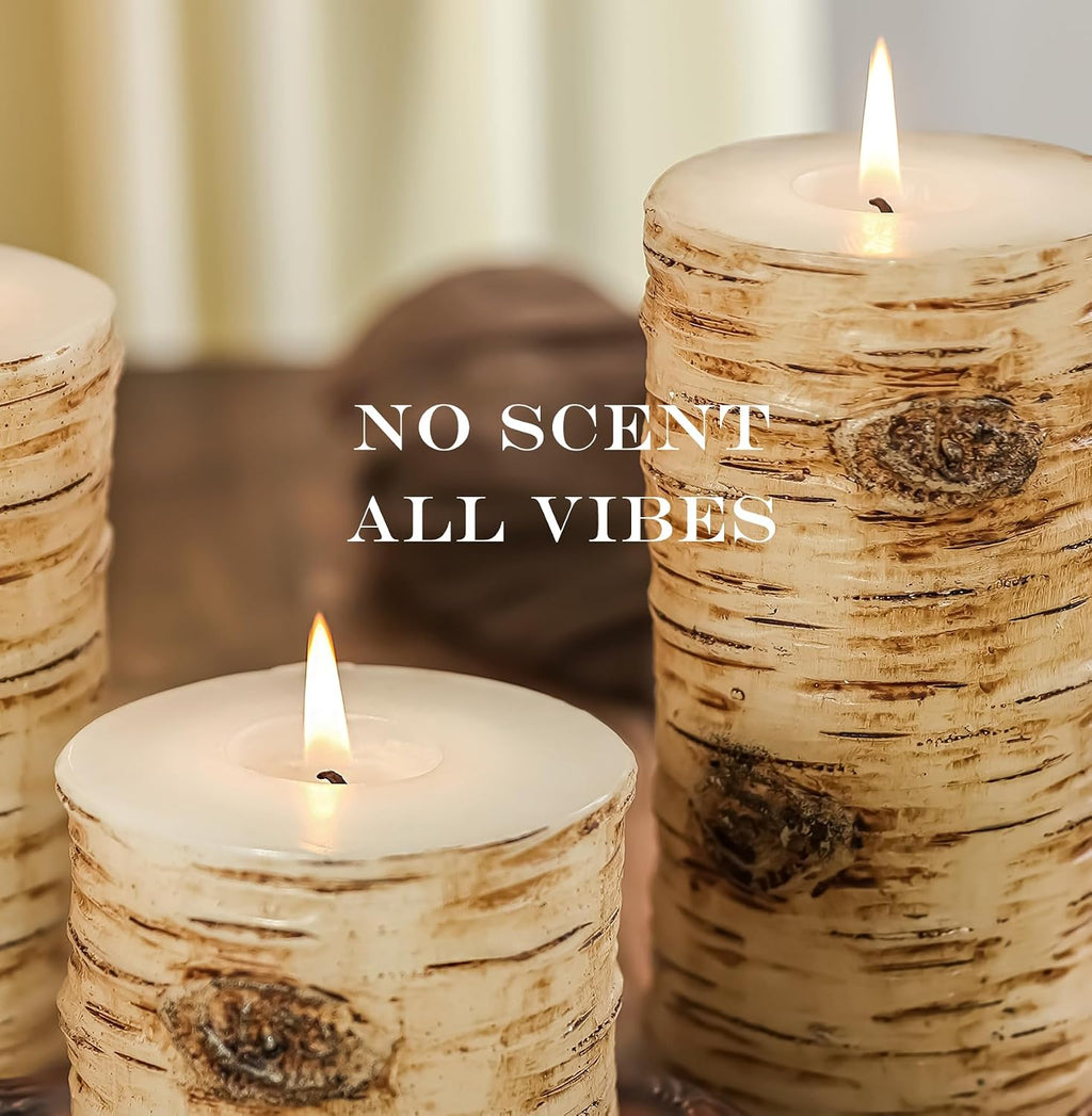 Rustic Birch Bark Pillar Candle Set of 3, Unscented Home Decor