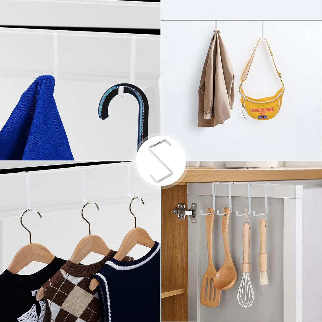 4 Pack Over The Door Hooks - Fitting Door Width Between 1 3/8" and 1 3/4", Reversible Door Hangers for Hanging Clothes, Towels, Coats and More (White)