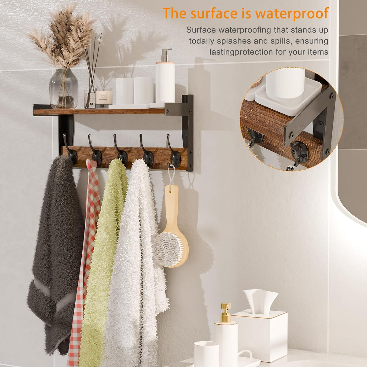 Wall Hooks with Shelf, Wood Coat Rack with Shelf Wall-Mounted, Entryway Hanging Shelves with 5 Metal Hooks for Clothes Hats Towel Purse Robes, Bathroom Mudroom Bedroom, Rustic Brown