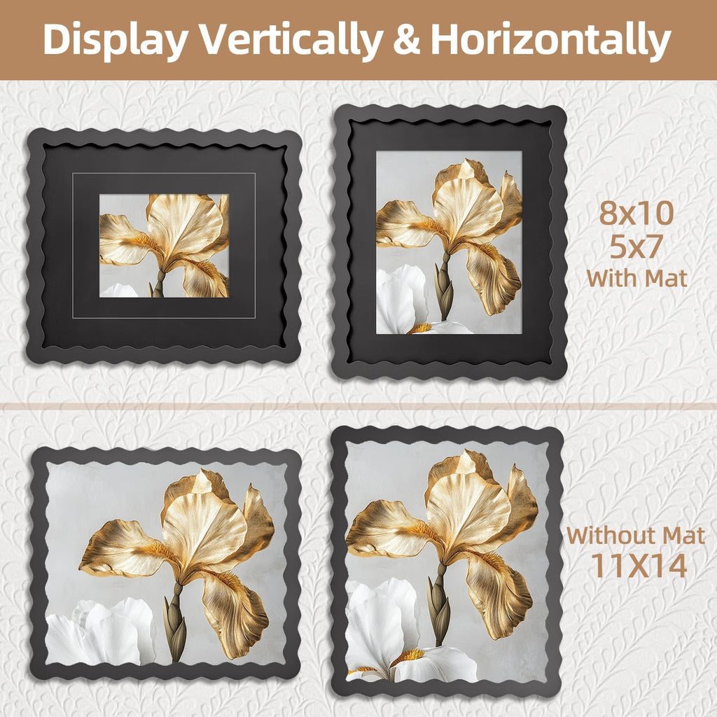 SNAPSHOT 11x14 Picture Frame with Mat for 5x7/8x10, Wooden Photo Frames with Real Glass for Wall Mount and Tabletop, Wavy Edge Black, 1 Pack