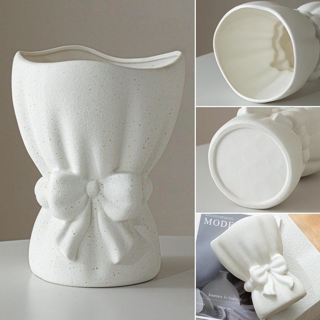 Lvases Bow Knot White Ceramic Decorative Flower Vase for Home Decor