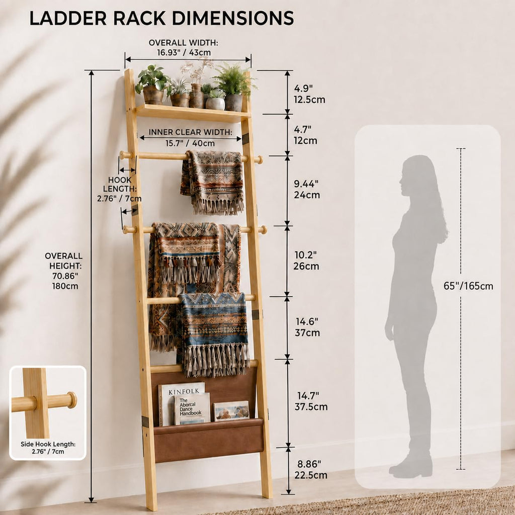 BAMBANG 71" 4-in-1 Blanket Ladder for Living Room, 5-Tier Leaning Bamboo Decorative Towel & Quilt Rack with Magazine Leather Pocket, 4 Detachable Hanging Bars, Space-Saving Shelf for Bedroom (Natural)
