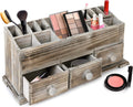 Besti Rustic Vanity Organizer for Cosmetics, Makeup, and Bathroom Accessories, Wooden Farmhouse Storage Box with 3 Drawers, Vintage Countertop, Dresser, or Desk Organization