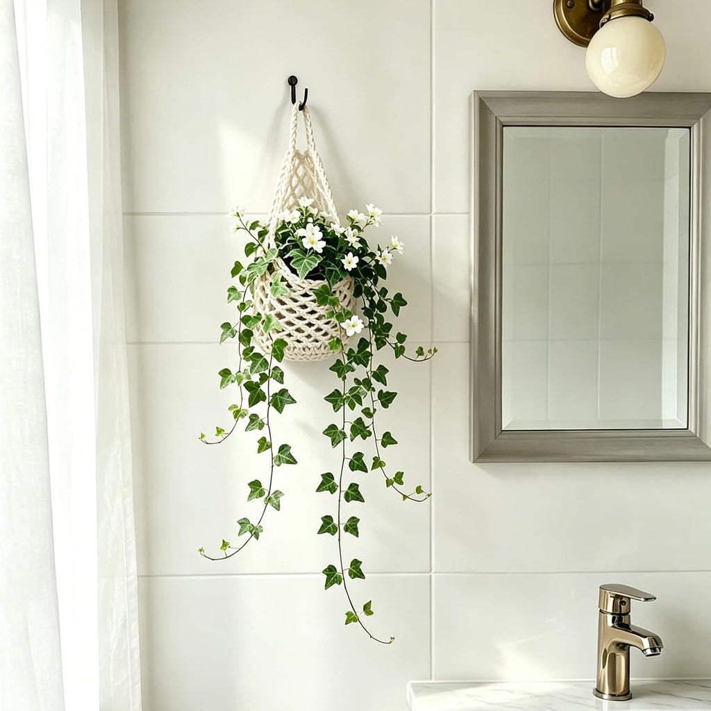 4-Pack 5-Inch Macrame Wall Plant Hangers Fits 4–5" Pots Up to 5" Tall Natural Cotton Hanging Planter Baskets for Indoor Plants, Boho-Style Woven Plant Baskets for Walls White
