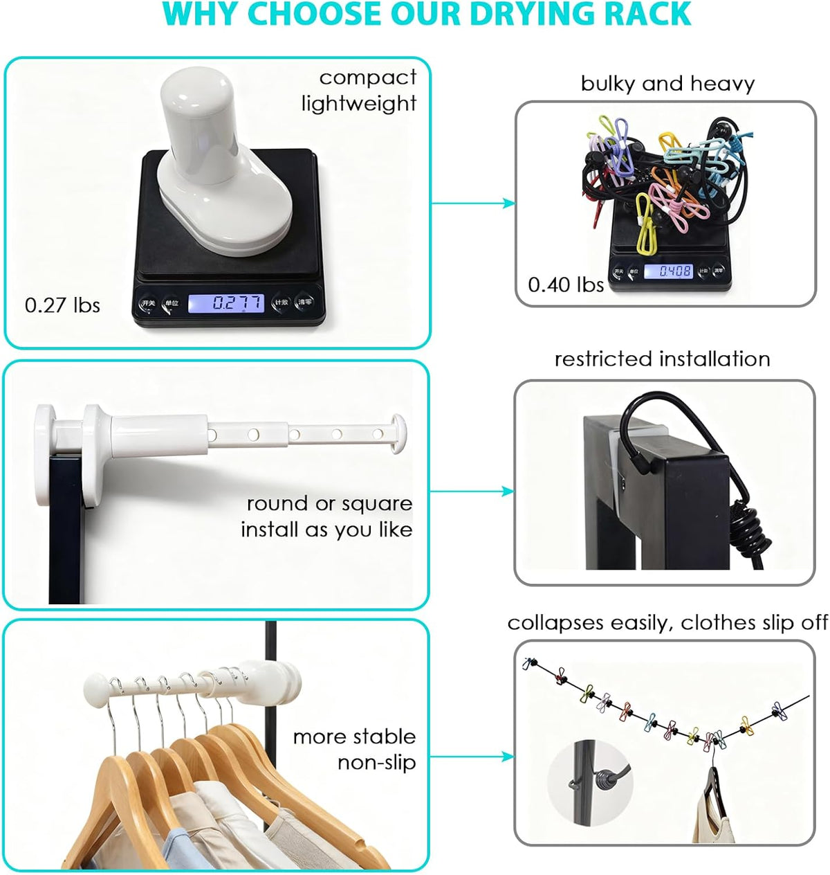 Portable Travel Clothes Drying Rack - Clamping Design- Retractable Rob - Anti-Scratch Silicon Pad - Enhance Stability - Suitable for Door, Drawer, Luggage Handle
