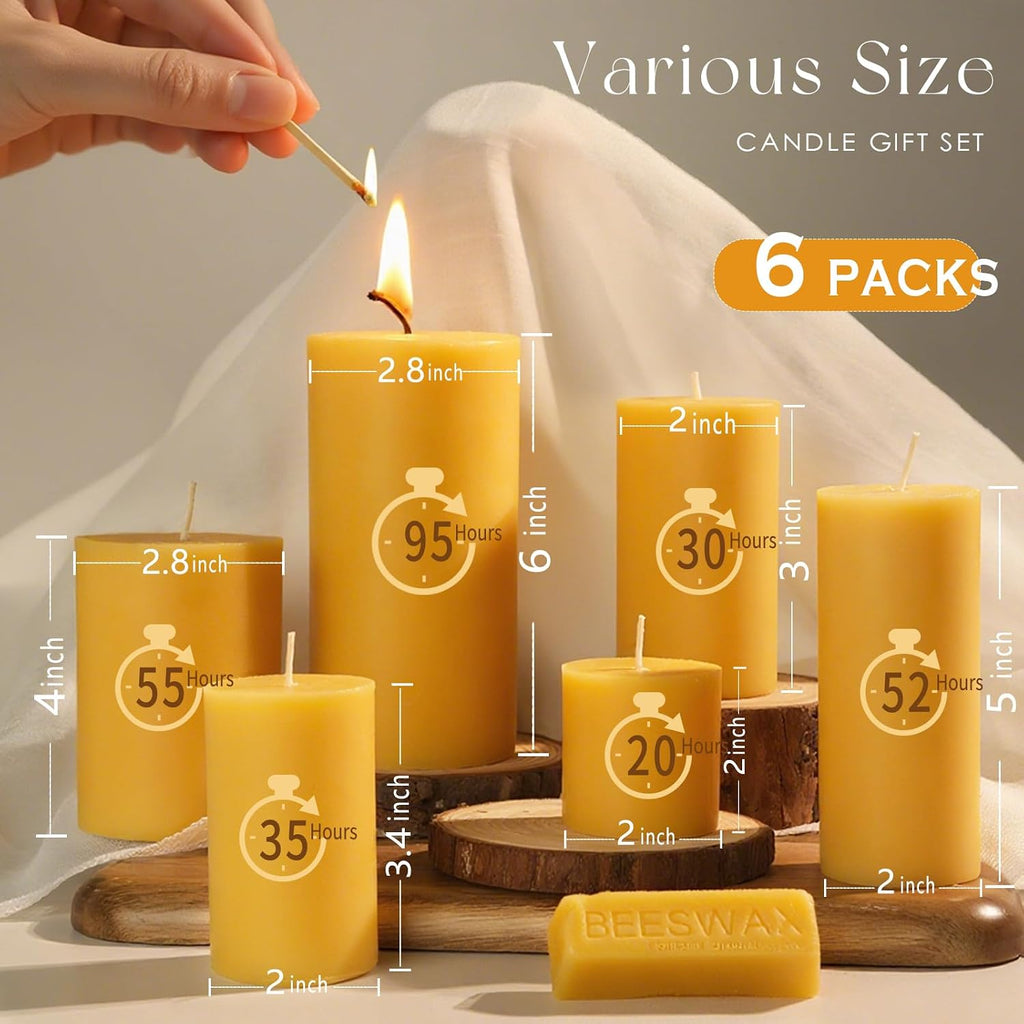 Beeswax Candles Set of 6, Non Toxic Natural Pillar Candle Bulk