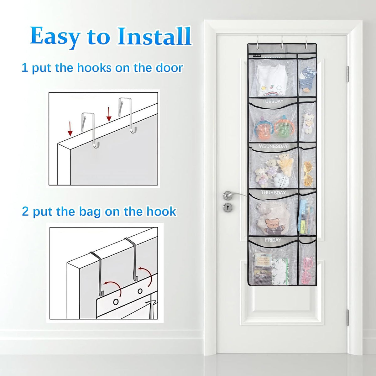 Weekly Kids Clothes Organizer - Day of Week School Clothing Organizer, Monday to Friday Time Save, No Odour, 5-Shelf Hanging Closet Storage (Grey)