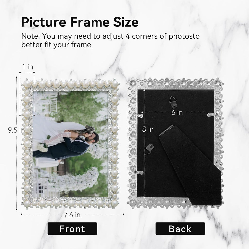 DIKAR 6x8 Wedding Picture Frame, Pearl and Diamond Ornate, Gold Edge