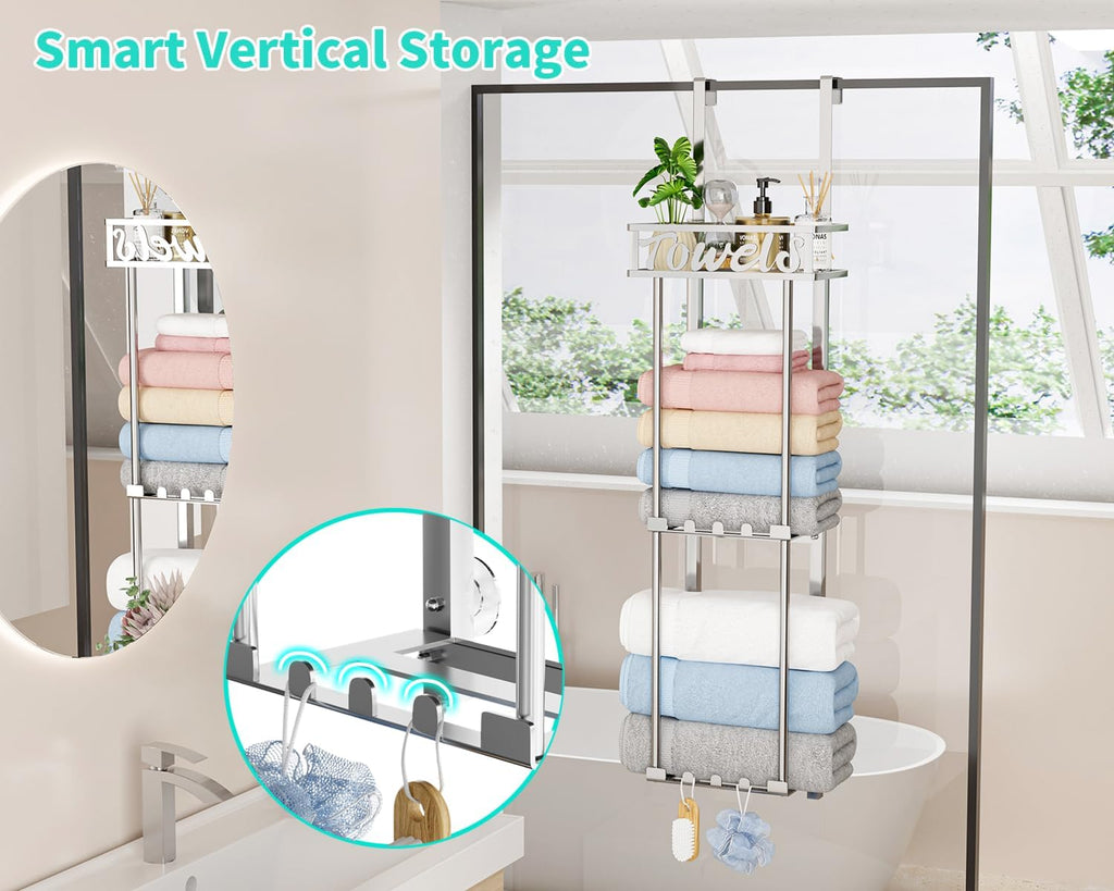 HapiRm Towel Rack Bathroom Storage - 3 Tier Over The Door & Wall Mounted Rolled Towel Racks Holder Organizer with Metal Shelf and 6 Hooks for Small Bathroom, Camper, Rv - Sliver