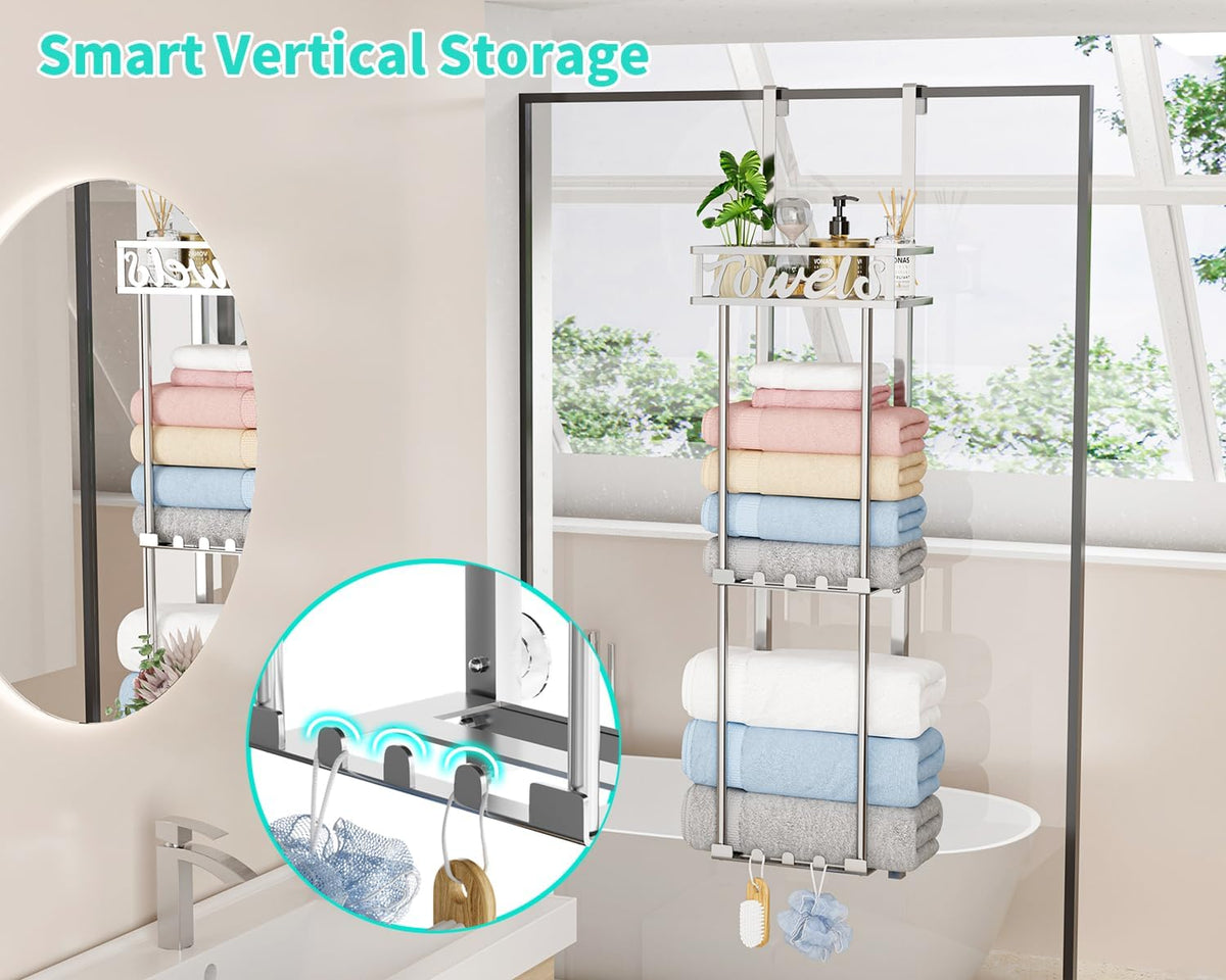 HapiRm Towel Rack Bathroom Storage - 3 Tier Over The Door & Wall Mounted Rolled Towel Racks Holder Organizer with Metal Shelf and 6 Hooks for Small Bathroom, Camper, Rv - Sliver