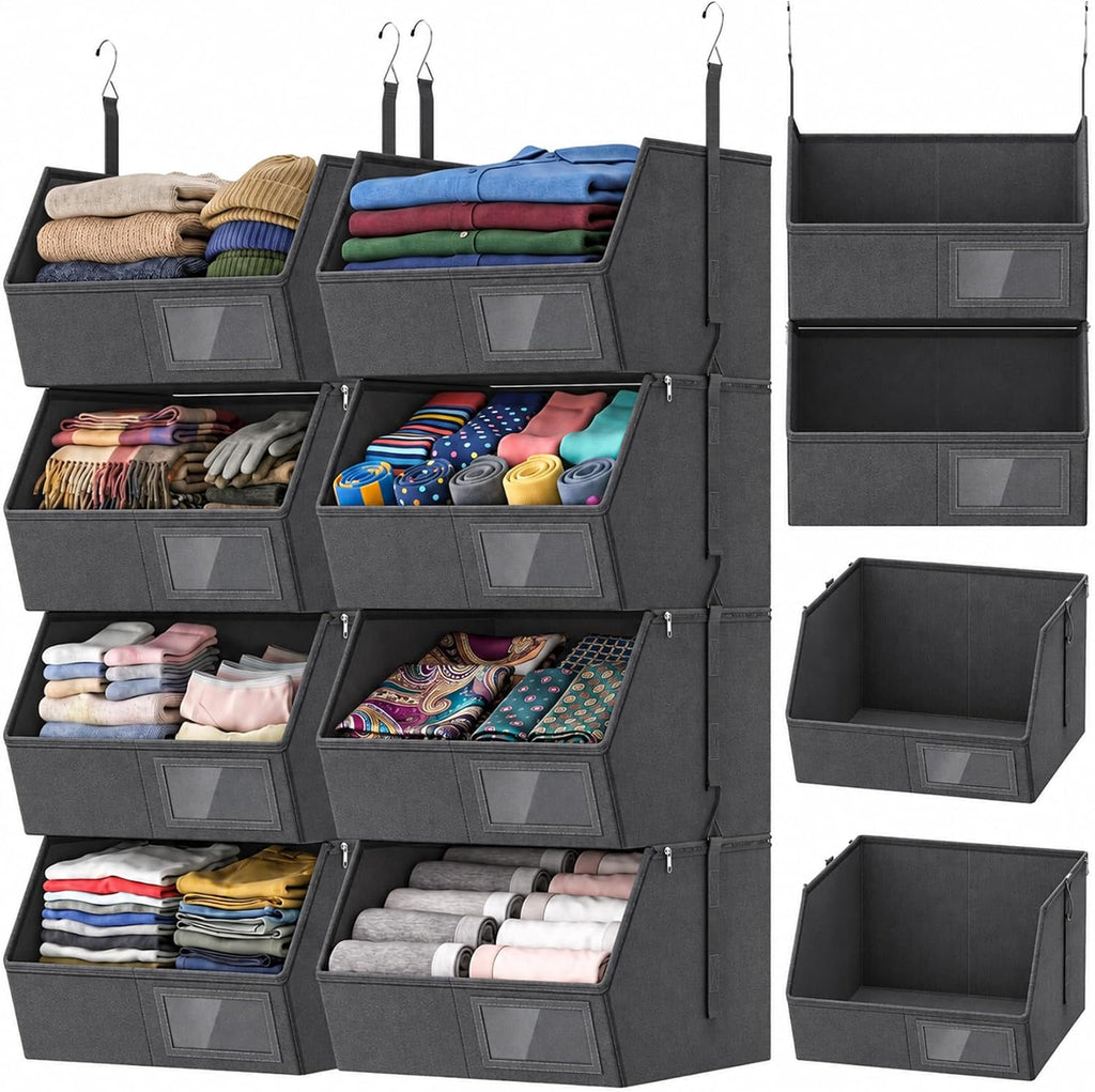 2 Pack 4-Tier Hanging Closet Organizer, Detachable Hanging Storage Shelves with Reinforced Side Panels, Hanging Closet Organizer for Clothes, Sweaters, Towels, Socks & Accessories,(Dark Gray-2Pack)