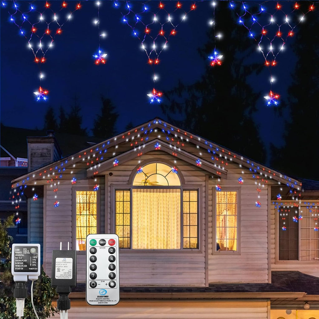 DANLI 4th of July Lights 13.8ft 200 LED Red White Blue Net Lights with 12 Stars,8 Modes Curtain Lights with Remote Timer,Dimmable & Waterproof for Outdoor Decorations Balcony Porch Fence Window