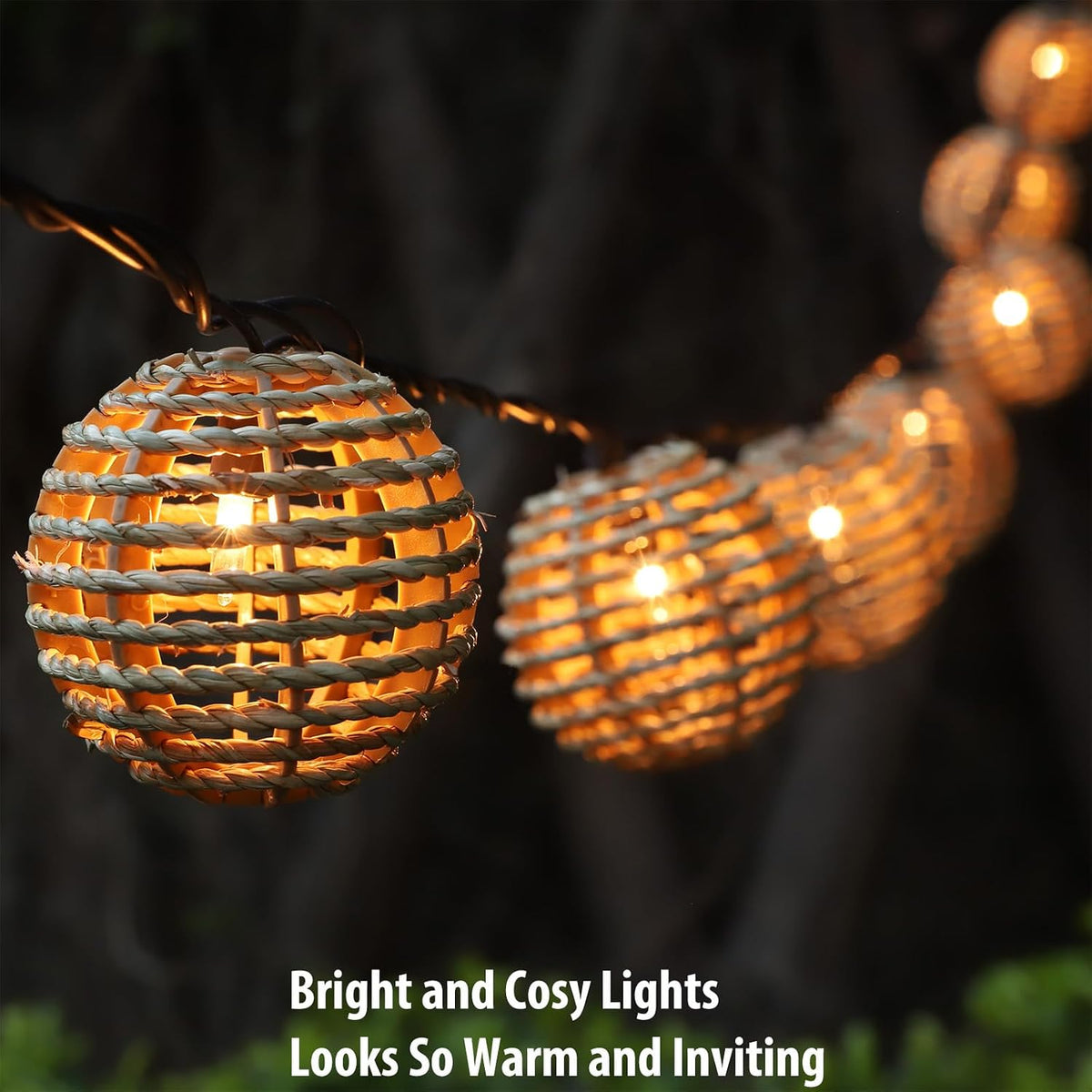 Decorative Outdoor Patio String Lights, Seagrass Rattan Wire Ball Style Lantern String Lights, Connectable Weatherproof Indoor Outdoor Globe Boho String Light for Home Pergola Garden Party Backyard