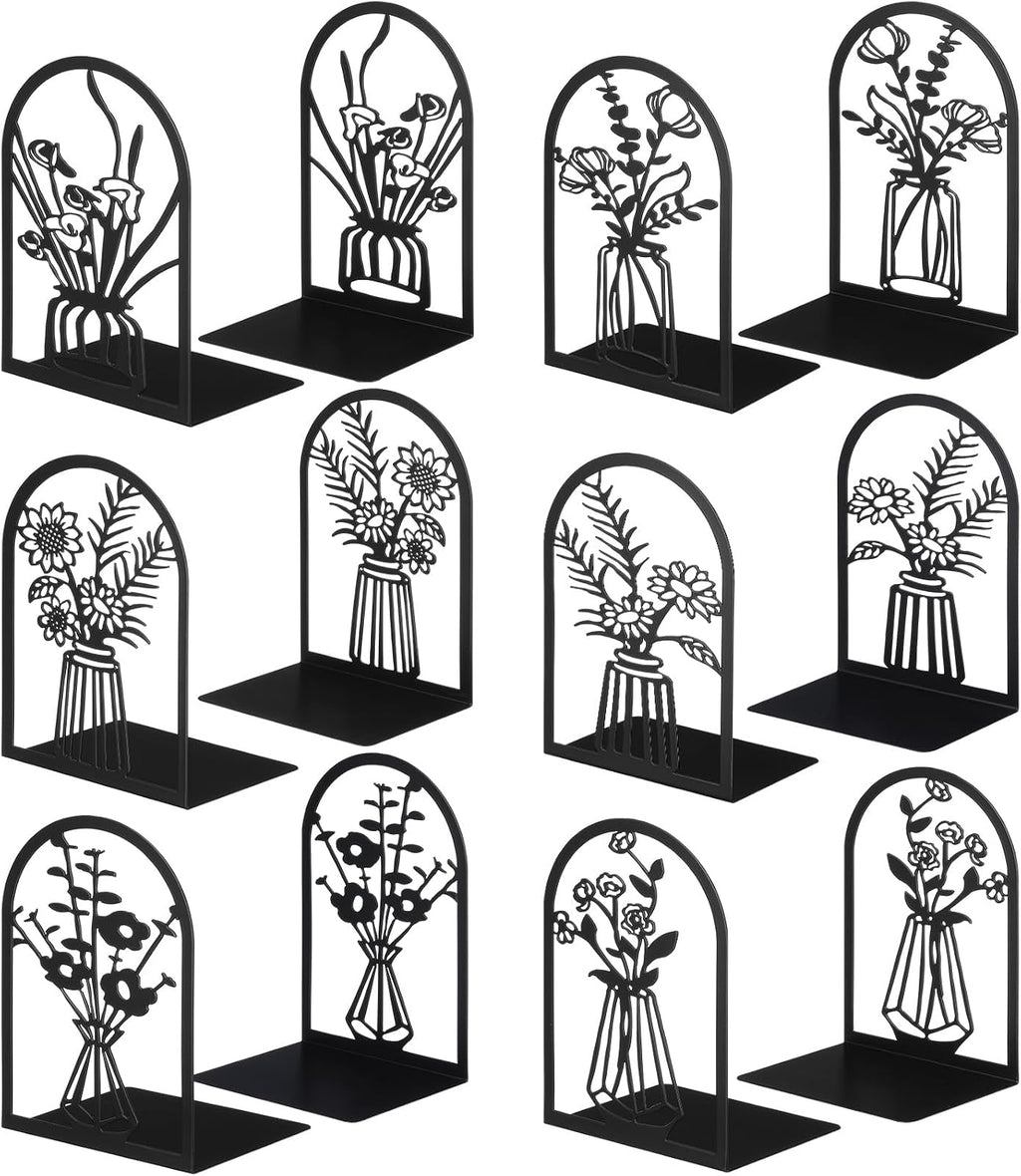 Feifeiya 6 Pairs Decorative Book Ends Metal Bookends for Shelves Black Metal Heavy Duty Book Ends Holder Supports Stoppers for Home Office School, 6.9x4.9x3.5”(Vase)