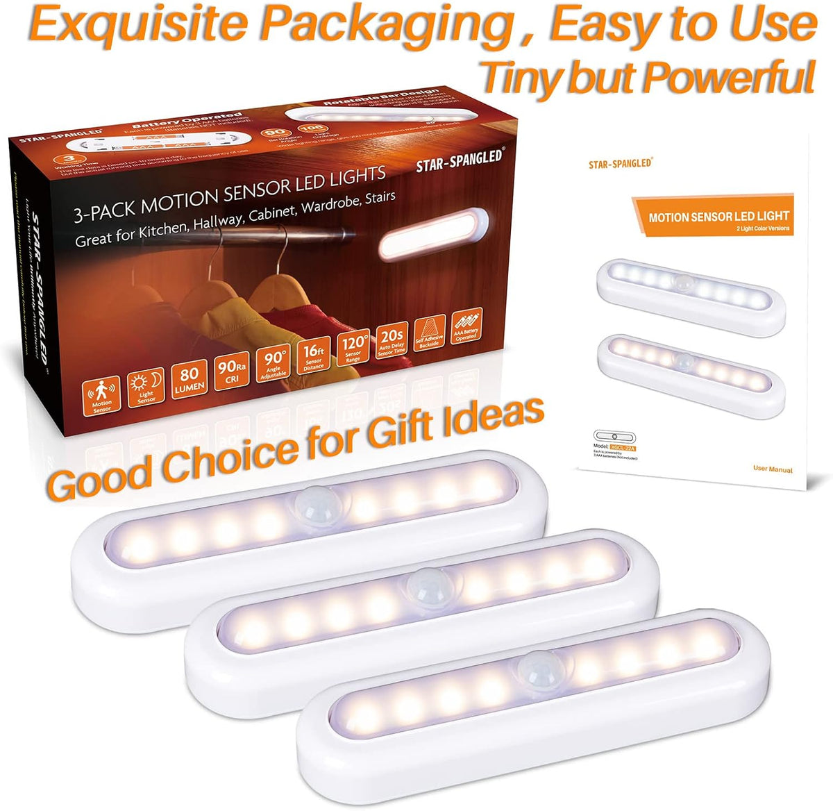 STAR-SPANGLED 7” Motion Sensor Lights Indoor AAA Battery, 3 Pack Warm White
