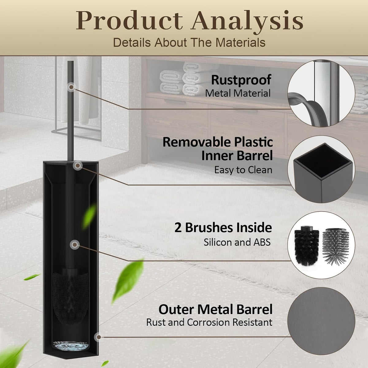 Toilet Brush and Holder Wall Mounted, Gun Gray Aluminum with 2 Replaceable Heads, Bathroom Toilet Brush, Drill or 3M Adhesive Mount, Removable Liner and Splash Guard, Modern Square Design