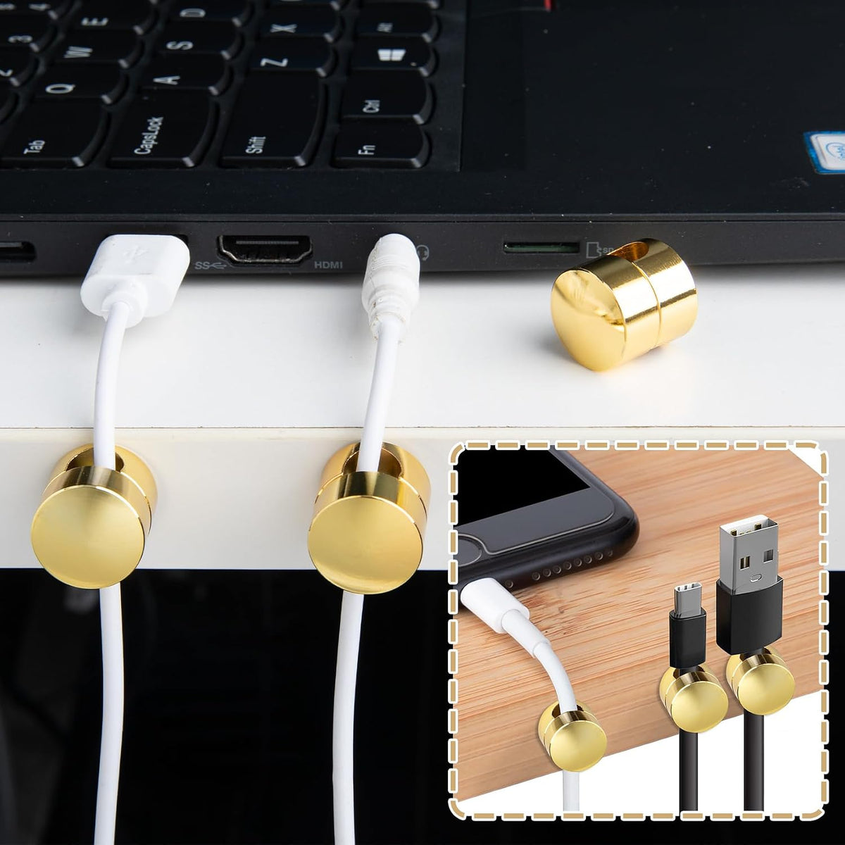 HINZIC 3Pack Cable Anchors for Desk, Metal Gold Phone Cord Holder, 2-in-1 Adhesive Cord Clips Adjustable Aluminum Wire Organizers Charger Management for Nightstand Office Home Desktop Wall