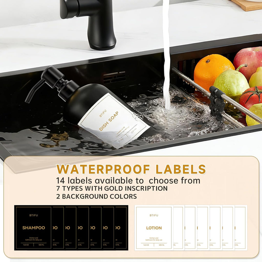 Kitchen Soap Dispenser Set – 16.8oz/500ml Glass Hand and Dish Soap Dispenser with Stainless Steel Pumps & Non-Slip Silicone Base, Luxury Countertop Decor for Home, Airbnb, Vacation Rental (Black)
