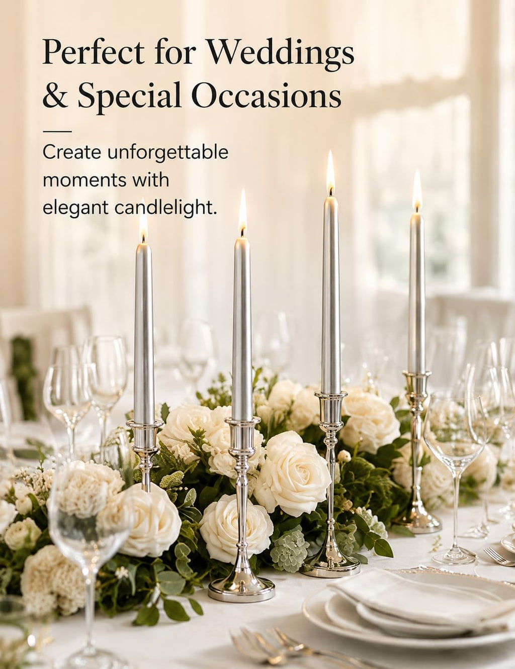 12 Pack Unscented Metallic Silver Taper Candles, Dripless Smokeless